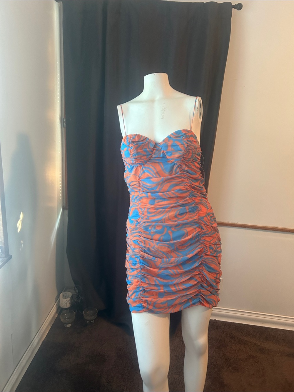 WAYF ruched spaghetti strap Blue and Orange Print Mini Dress